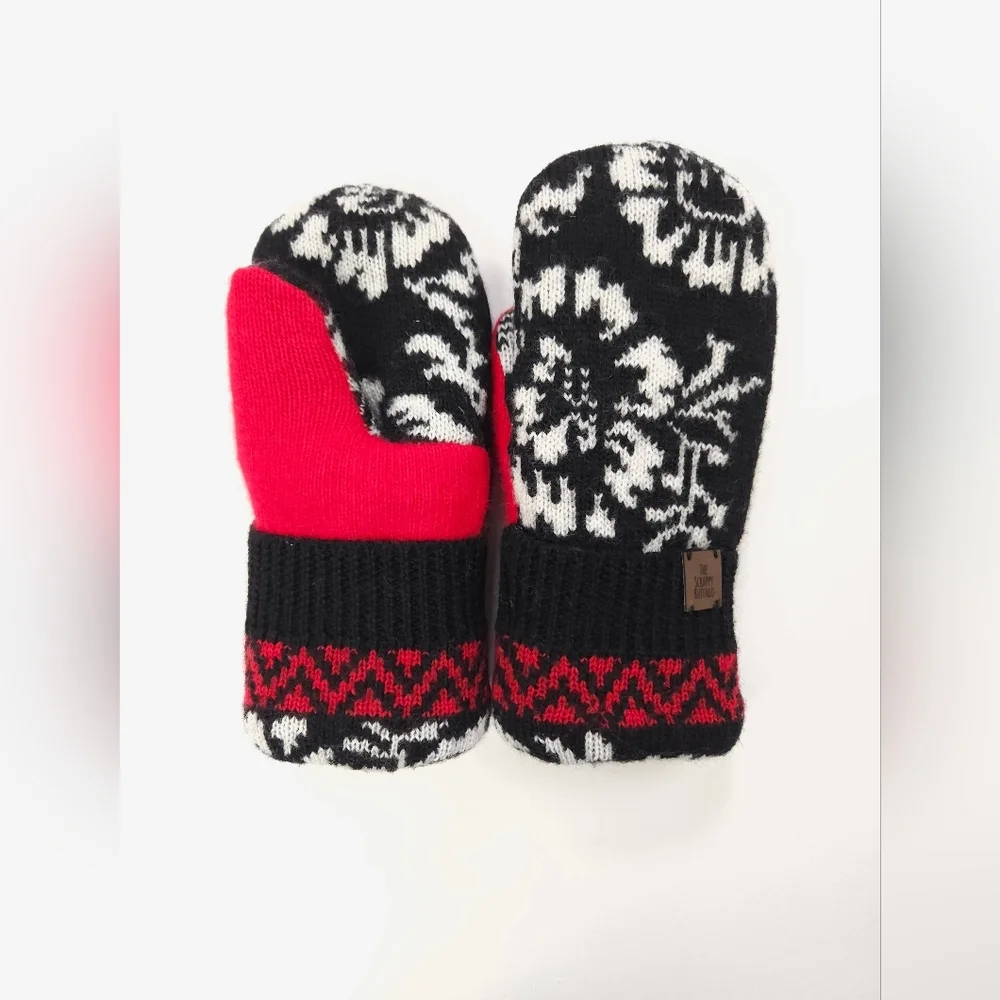 Upcycled Wool Sweater Mittens Black Red Floral Double Fleece Lined Adult M
